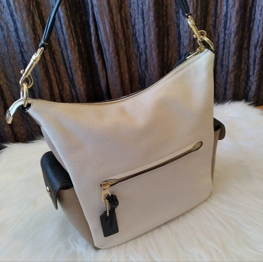 COACH HOBO BAG LARGE SLOUCHY Colorblock Tan Black Chalk Crossbody Shoulder Bag